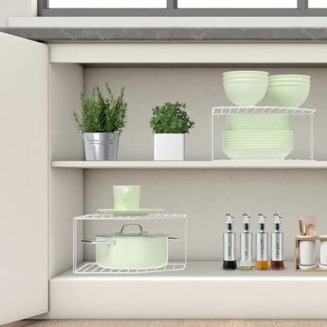 AKAZA 2Pcs 2-Tier Corner Stackable Organizer Shelf for Kitchen - Cabinet Storage Shelf Rack, Shelves，Kitchen Counter and Cabinet Shelf, Storage Rack Organizer (White) AKAZA