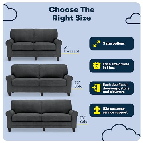 Serta Copenhagen Rolled Arm Sofa, Easy Care Polyester, Soft Pillow Back, Pocket Coil Seat Cushions, Removable Covers, Couch for Small Spaces, Living Rooms or Bedrooms, 61" Loveseat, Charcoal