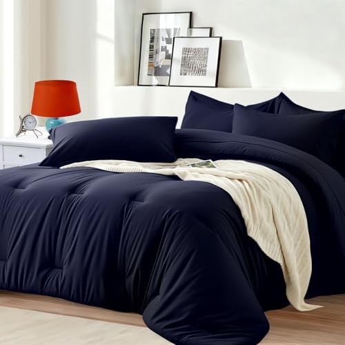 Easthome Queen Comforter Set 7 Piece - Soft Bed in a Bag Queen Size Comforter Sets, Cozy Bedding Sets with Down Alternative Comforter, Flat Sheet, Fitted Sheet, 2 Pillowcases & 2 Shams, Navy Blue Easthome