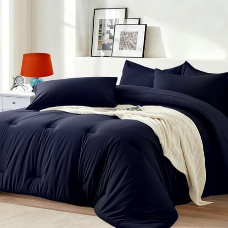 Easthome Queen Comforter Set 7 Piece - Soft Bed in a Bag Queen Size Comforter Sets, Cozy Bedding Sets with Down Alternative Comforter, Flat Sheet, Fitted Sheet, 2 Pillowcases & 2 Shams, Navy Blue Easthome