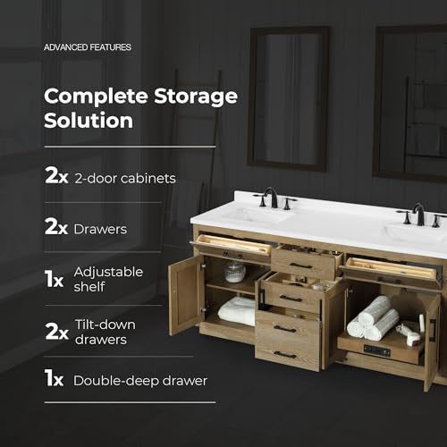 OVE Decors Bailey 72 in. W x 22 in. D x 34.5 in. H Bath Vanity in Driftwood Oak with White Engineered Quartz Top OVE Decors