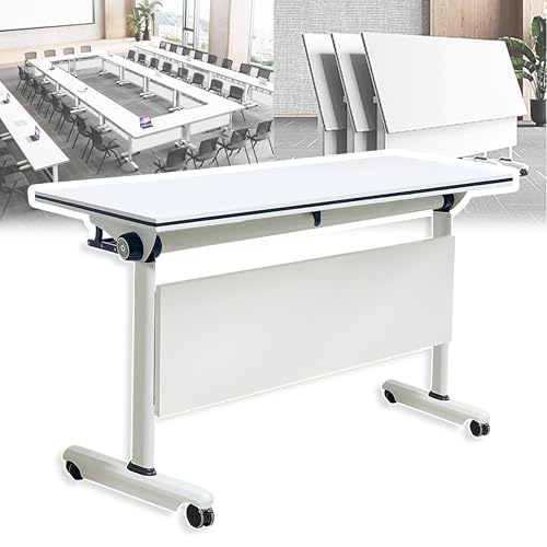 HSHBDDM Folding Conference Table, Foldable Conference Table Flip Top Mobile Training Table with Wheels, Metal Legs, Rectangular Modular Conference Room Table for Office Meeting Conference Room HSHBDDM