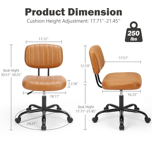 DUMOS Small Armless Home Desk Chair with Low Back Lumbar Support, Height Adjustable PU Leather Computer Task with 360° Swivel Wheels, for Small Space, Kids and Adults, Brown DUMOS