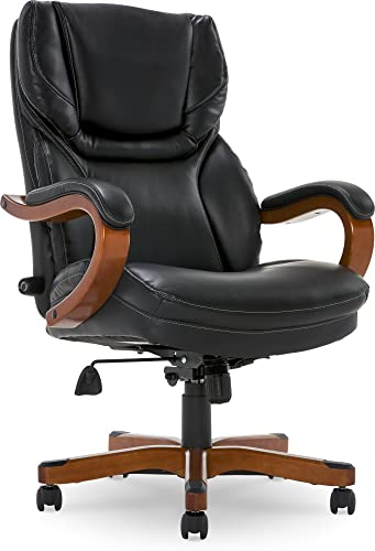 Serta Conway Big and Tall Executive Office Wood Accents, Adjustable High Back Ergonomic Computer Chair with Lumbar Support, Bonded Leather, 30.5D x 27.25W x 47H in, Black Serta