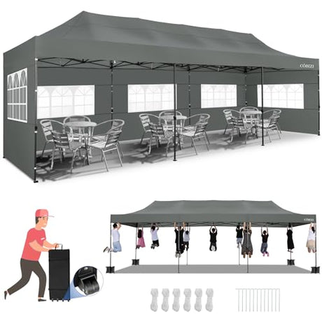 Tooluck 10x30 Pop up Heavy Duty Canopy with 8 sidewalls, Waterproof Commercial Pop up Party Tent Canopy,Outdoor Tents for Wedding Parties, 3 heigh Adjustable Gazebo with Wheeled Bag,Grey Tooluck