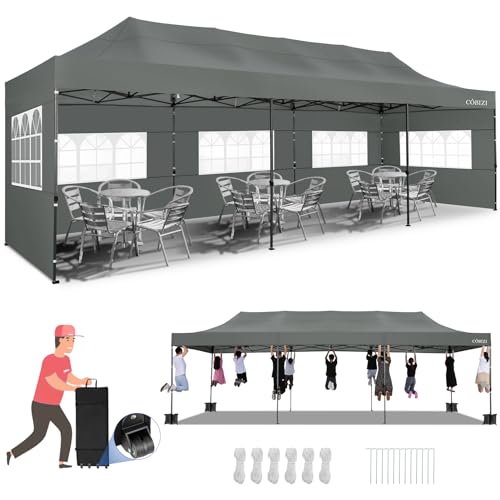 Tooluck 10x30 Pop up Heavy Duty Canopy with 8 sidewalls, Waterproof Commercial Pop up Party Tent Canopy,Outdoor Tents for Wedding Parties, 3 heigh Adjustable Gazebo with Wheeled Bag,Grey - WoodArtSupply