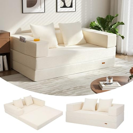 COMAX Futon Sofa Bed, 4‑in‑1 Convertible Sofa Bed, Folding Boneless Couches for Living Room, Fold Out Small Foldable Loveseat Floor Sleeper Comfy Mattress Lounge Space‑Saving, Beige COMAX