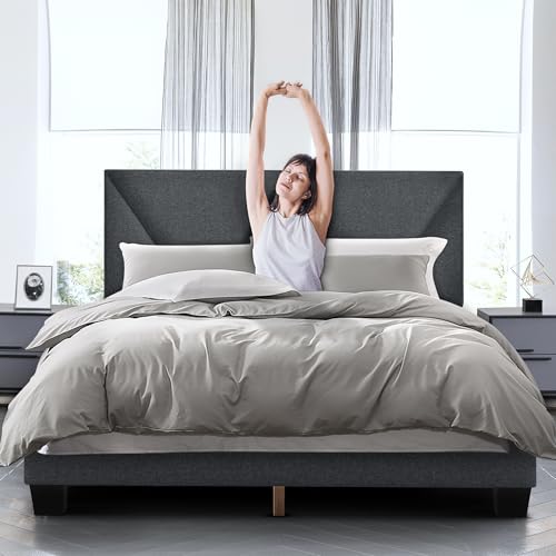 FINATI Queen Size Wood Platform Bed Frame with Upholstered Headboard for Noise-Free Sleep and Easy Assembly - WoodArtSupply