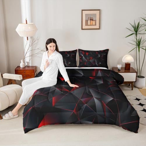 jejeloiu Red and Black Comforter Set Twin Size Kids Geometric Pattern Bedding Set for Boys Girls Teens Adults, Art Aesthetic Duvet Quilt Breathable Soft Room Decor 2Pcs jejeloiu