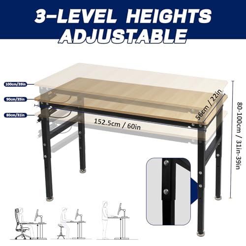 60'' Adjustable Workbench with Power Outlet, 2000 Lbs Capacity Work Benches for Garage, Wood Heavy Duty Work Bench,Shop Table for Shop Office Home Commercial FORJAMINT