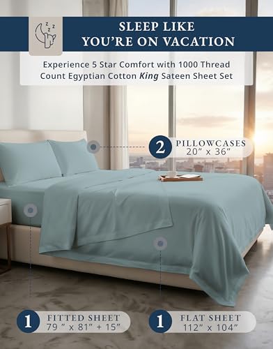LANE LINEN 1000 Thread Count 100% Egyptian Cotton King Size Sheets – Silky Sateen Weave, Naturally Cooling & Durable, Ultra-Soft Luxury You Can Feel,15" Deep Pocket King Sheet Set – French Blue LANE LINEN
