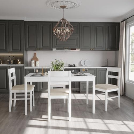 Orweiin 5-Piece Solid Wood Indoor Modern Rectangular Dining Table Set for 4,Table and Chairs 4 Set with Soft Cushions for Kitchen,Bar,Living Room,Breakfast Nook,White Orweiin