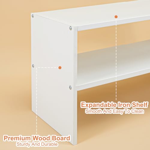 2-Tier Small Shoe Rack Organizer for Closet, White Expandable Shoe Shelf, Stackable Iron Wood Combination Shoe Racks Shelves for Closets, Entryway,Small Space,Hallway,Garage,6-12 Pairs,Patent Pending Cidaziya