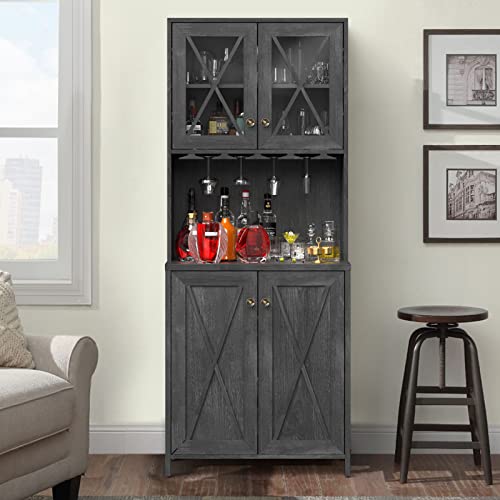 YITAHOME Farmhouse Bar Cabinet, 67" Tall Wine Bar Cabinet with for Wine Glass Rack, Home Bar Cabinet with Open Storage Shelves ＆ Glass Doors for Living Room, Hallway, Charcoal Grey YITAHOME