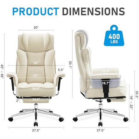OwgeinSet Big and Tall Office Chair, Ergonomic Leather Reclining Chair with Footrest, High-Back Comfy Executive Computer Desk Chairs with Lumbar Support, Wide Seat, 400LBS (Beige) OwgeinSet