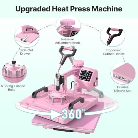 Slendor 8 in 1 Heat Press Machine 15x15 inch 360-Degree Swing Away Digital T Shirt Pressing Machine Multifunction Heat Transfer Sublimation Combo for T Shirts Mugs Hat Plate Cap,Pink Slendor