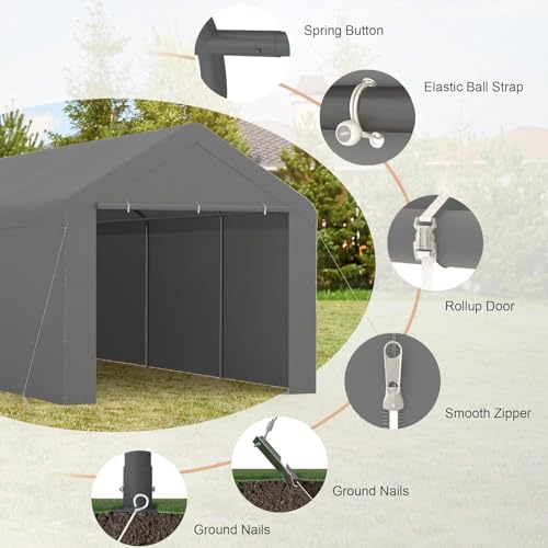 Carport, 10x20ft Heavy Duty Car Port, Portable Garage with Removable Sidewalls & Doors, Carports Canopy Car Shelter with Waterproof Tarp for Car Boat Truck Party (Grey, 10x20 with sidewalls) TANGJEAMER