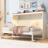 Twin Size Murphy Bed with LED Light, Foldable Wall Cabinet Bed, Hidden Design (White) BEDGJH