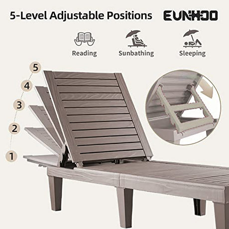 EUNHOO Outdoor Chaise Lounge Set of 2, Adjustable Pool Lounge Chair with 5 Positions Backrest, Waterproof Sun Loungers for Garden Pool Beach Patio Deck Sunbathing EUNHOO
