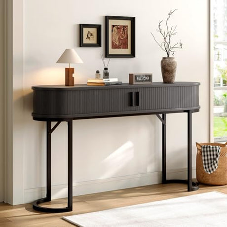 ONBRILL 55 Inch Console Table with 2 Drawers, Entryway Table with Sliding Door, Long Sofa Table Behind Couch w/Metal Leg, Mid-Century Modern Console Table for Entryway, Hallway, Living Room,Black ONBRILL