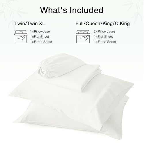 Love's cabin 4 Piece Full Size Sheet Set, Cooling Sheets, 100% Rayon Derived from Bamboo, Breathable & Soft Full Size Bed Set, Deep Pocket Up to 16", Hotel Luxury Silky Bedding Sheets, White Love's cabin