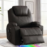 Power Recliner Chair with Heat and Massage for Adults - Home Theater Seating with LED Lights,Cup Holders,Side Pocket,USB Port - Recliner Sofa for Living Room (Brown, Single Recliner)