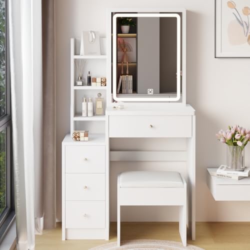 29" Makeup Vanity Desk with Slidding Led Lighted Mirror, Large Storage Modern Dressing Table for Small Space with Multi Hidden Shelves and Cabinet Drawers, Touch Control 3-Color Lighting, Stool Chair Breevia