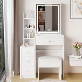 29" Makeup Vanity Desk with Slidding Led Lighted Mirror, Large Storage Modern Dressing Table for Small Space with Multi Hidden Shelves and Cabinet Drawers, Touch Control 3-Color Lighting, Stool Chair Breevia