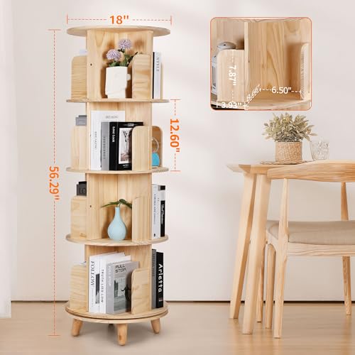 Rengue 4-Tier 360° Rotating Bookshelf Tower - Solid Wood Corner Organizer in Natural Finish - WoodArtSupply