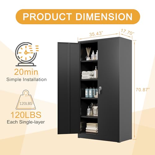 Waqiv 70''H Metal Storage Cabinet with 2 Lockable Door, Locking Garage Cabinet with 4 Adjustable Shelves, Home Office File Cabinet, Assembly Required Waqiv