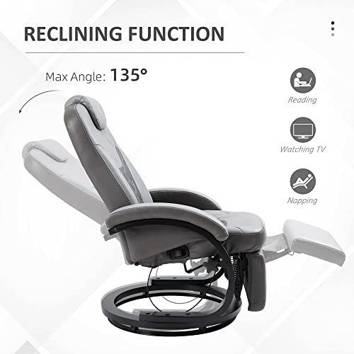 HOMCOM Faux Leather Manual Recliner, Adjustable Swivel Lounge Chair, Armchair with Footrest and Round Base for Living Room, Gray