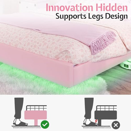 AMERLIFE Floating Queen Bed Frame with Adjustable RGB LED Headboard, Leather Upholstered Platform Bed for Kids/Girls,Wood Slats Support, No Box Spring Needed, Easy Assembly, Pink AMERLIFE