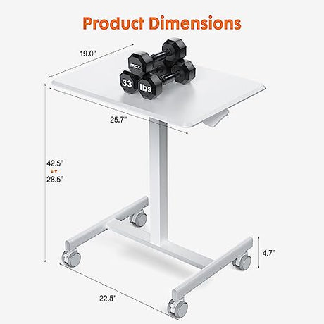 Sweetcrispy Small Mobile Standing Desk, Rolling Laptop Computer Carts, Portable Laptop Desk with Wheels, Adjustable Height Table for Home Office, White Sweetcrispy