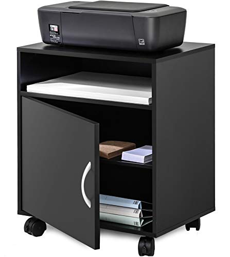 FITUEYES Mobile Printer Stand with Adjustable Storage Shelves, Wood Printer Cabinet with Door, Black Work Cart on Wheels for Home Office, 18.9" W x 13.8" D x 22.4" H FITUEYES