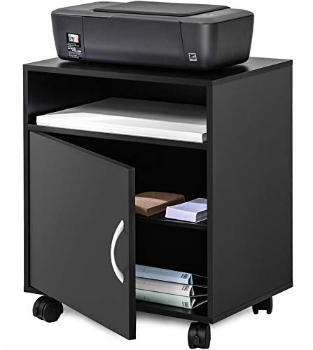 FITUEYES Mobile Printer Stand with Adjustable Storage Shelves, Wood Printer Cabinet with Door, Black Work Cart on Wheels for Home Office, 18.9" W x 13.8" D x 22.4" H