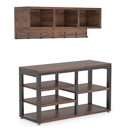 Tribesigns Industrial [Shoe] [Rack] [Bench] with Coat [Rack] Set With Hall Tree, 3 Storage Cubbies, 7 Hooks for Entryway, Hallway, 5-in-1Design, Rustic Brown Tribesigns