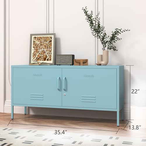 Aiasuit Blue Lockable Metal TV Stand Entertainment Center, Heavy Duty Storage Cabinet Supports 80+ Inch TVs, Multifunctional Media Console for Home Living Room Office 22" H X 35.4" W X 13.8" D Aiasuit