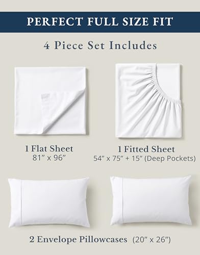 LANE LINEN 100% Organic Mercerized Cotton Pre Washed Full Size Bed Sheets, Soft & Comfy Low Pill Fade Resistance Fully Elasticized Oeko Tex Certified 15" Deep Pocket Full Sheet Set - White LANE LINEN