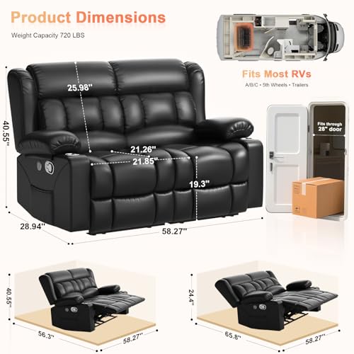 MOSGAT RV Loveseat Recliner Sofa, Reclining Loveseat Home Theater Seating with USB Ports, Cup Holders, Insert Pockets, Wall Hugger RV Recliners for Movie Room, Recline Movie Seats Gaming Sofa, Black