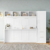 SOFTSEA Queen Size Horizontal Murphy Bed, Queen Murphy Bed with Desk Wardrobe Storage Shelf, Hideaway Wall Bed Frame with Drawers Space-Saving for Guest Room Bedroom or Office, White SOFTSEA