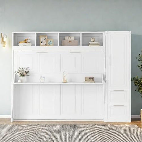 SOFTSEA Queen Size Horizontal Murphy Bed, Queen Murphy Bed with Desk Wardrobe Storage Shelf, Hideaway Wall Bed Frame with Drawers Space-Saving for Guest Room Bedroom or Office, White SOFTSEA