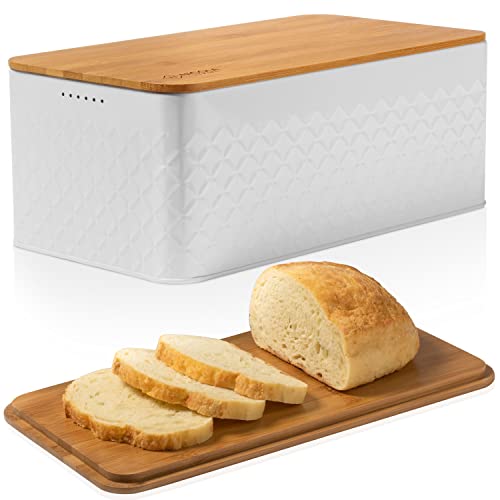 White Bread Box For Kitchen Countertop With Bamboo Wood Cutting Board Lid - Farmhouse White Metal Large Bread Box Modern Style To Extend Freshness - Bread Storage Container