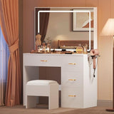 DWVO Makeup Vanity Desk with Large Lighted Mirror with Power Outlet and LED Strip, 3 Color Lighting Modes with Adjustable Brightness, 4 Drawer Vanity Table with Cushioned Stool, Milky-White DWVO