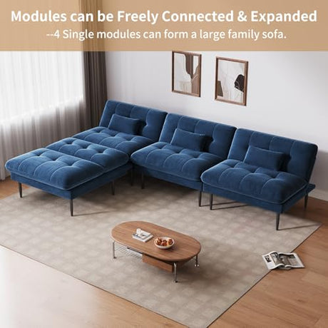 NEDYO 70 inch Convertible Futon Sofa Bed, Velvet Sleeper Sofa with Adjustable Backrest, Thick Fill and Convertible Modules, 4 in 1 Loveseat Couch for Living Room, Blue NEDYO