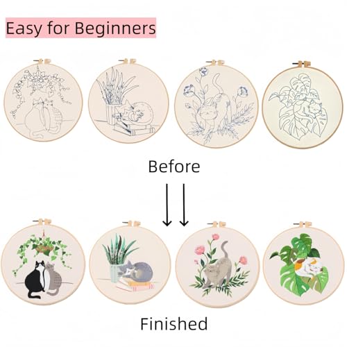 Mozzyyee 4pcs Cat Embroidery Kits for Beginners, DIY Adult Beginner Embroidery Sets with Instructions, 2 Plastic Embroidery Hoops,Scissor, Threads and Needles (Grey Cats)