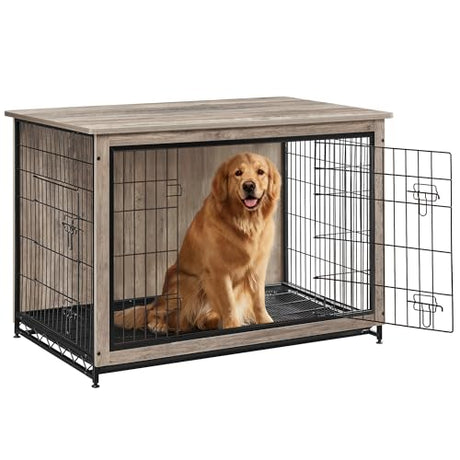 Feandrea 44.1" Dog Crate Furniture, Indoor Dog Cage Side End Table, XL Pet Wood Kennel for Large and Medium Dogs up to 80 lb with Multi-Purpose Removable Tray, Double-Door Pet House, Greige Feandrea