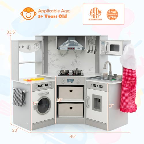 HONEY JOY Corner Kids Kitchen Playset, Wooden Play Kitchen for Toddlers, Range Hood, Water Circulation, Water Dispenser, Storage Box, Little Chef Pretend Toy Kitchen Set w/Lights & Sounds, Gray HONEY JOY