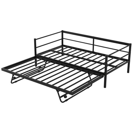 Nahenduo Twin Size Daybed with Pop up Trundle & Adjustable LED Lights, Futon Frame Bed, Metal Sofa Bed Frame for Living Room Bedroom Guest Room, Small Space, No Box Spring Needed (Black + LED) Nahenduo