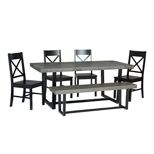 Walker Edison Barnes 6-Piece Rustic Metal and Wood Dining Table with X-Back Chairs, Set of 6, Grey/Black - WoodArtSupply