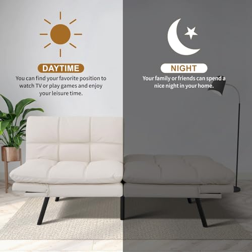 MUUEGM Convertible Memory Foam Sofa Bed with Adjustable Backrest & Armrest, Modern Futon Couch for Living Room, Office, Apartment, Space-Saving Design, Easy Assembly,White MUUEGM
